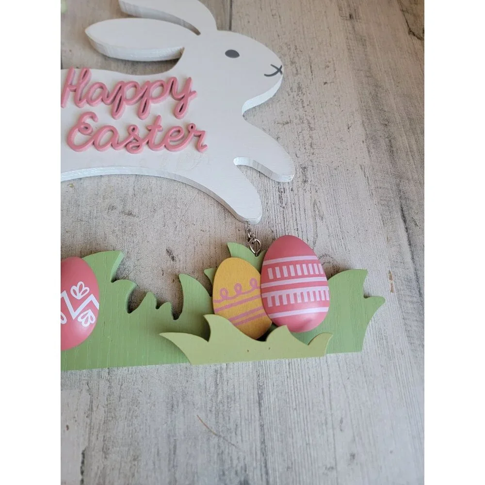 Wooden hanging‎ happy Easter white bunny egg grass Spring home decor